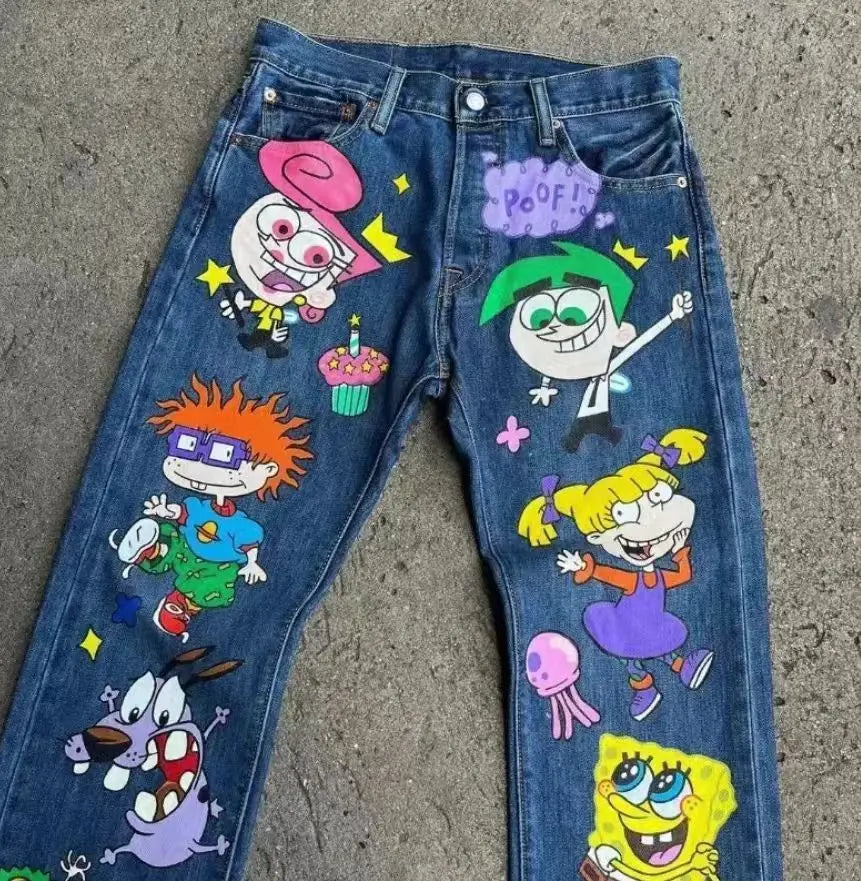 Y2K American cartoon pattern printed high street retro women's high waist fashionable straight loose jeans casual wide-leg jeans