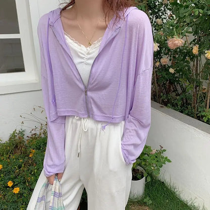 Rimocy Solid Color Thin Hooded Cardigan Women 2024 Summer Zipper Up Crop Tops Woman All Match Long Sleeve Cropped Jacket Ladies