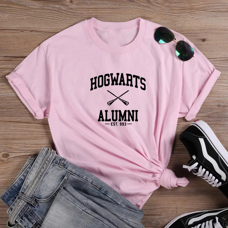 Harajuku Ladies Top Tee Shirt Femme Black White Hogwarts Fashion T-shirt Summer Harajuku Sleeve Casual Aesthetic Clothes