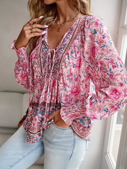 Ladies Bohemian Floral Print Long Sleeve Tops V Neck Tie Front Smocked Cuff Casual Peplum Blouse