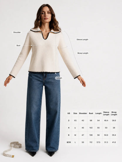 Contrast Trim Peter Pan Collar Sweater for Women, Long Sleeve V‑Neck Loose Fit Knit Pullover Top for Casual Daily Office Fall Winter Wear