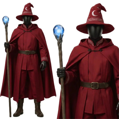 Cosplay Wizard Clothing Full Set Stage Uniform Shirt Pants Hat Cape Belt Costume Adult Men Performance Halloween Carnival Party