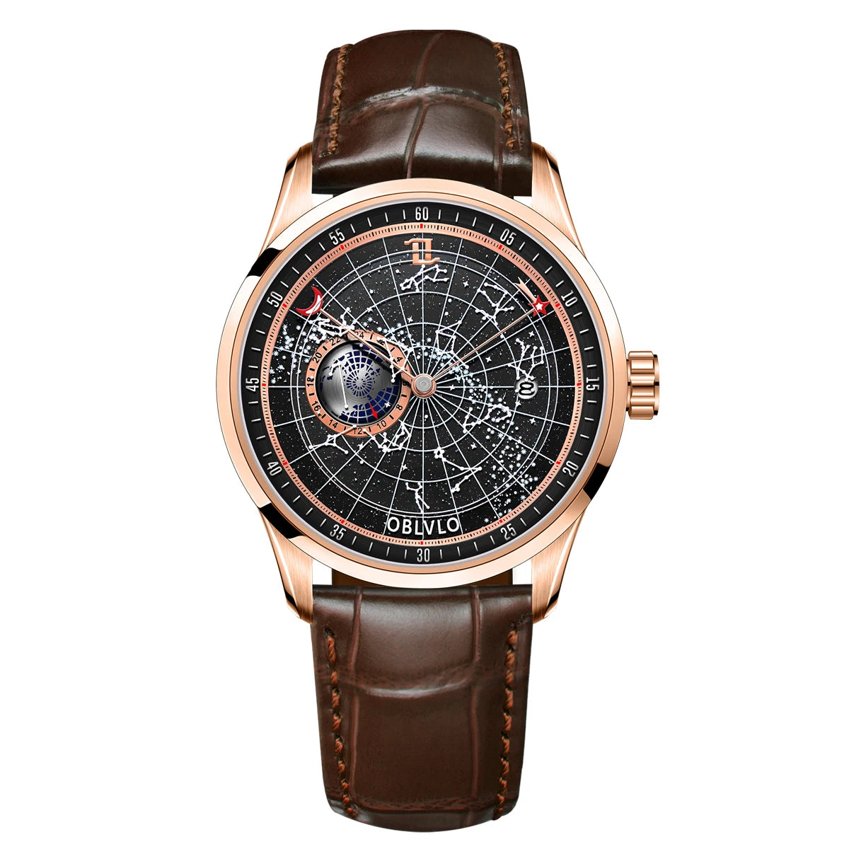 OBLVLO Simple Fashion Automatic Mechanical Watch for Men Luminous Earth Star Leather Strap Waterproof Casual Gift Clock GC