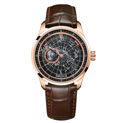 OBLVLO Simple Fashion Automatic Mechanical Watch for Men Luminous Earth Star Leather Strap Waterproof Casual Gift Clock GC