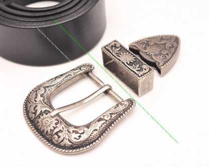 HEAVY DUTY COWBOY WESTERN FLORAL ENGRAVED ANTIQUE SILVER BELT BUCKLE SET 1-1/2"