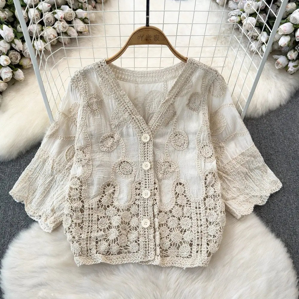 Embroidered Paisley Button-up Shirt Blouse Women's Cropchet Hollow-out Open-stitch Beach Cover-up