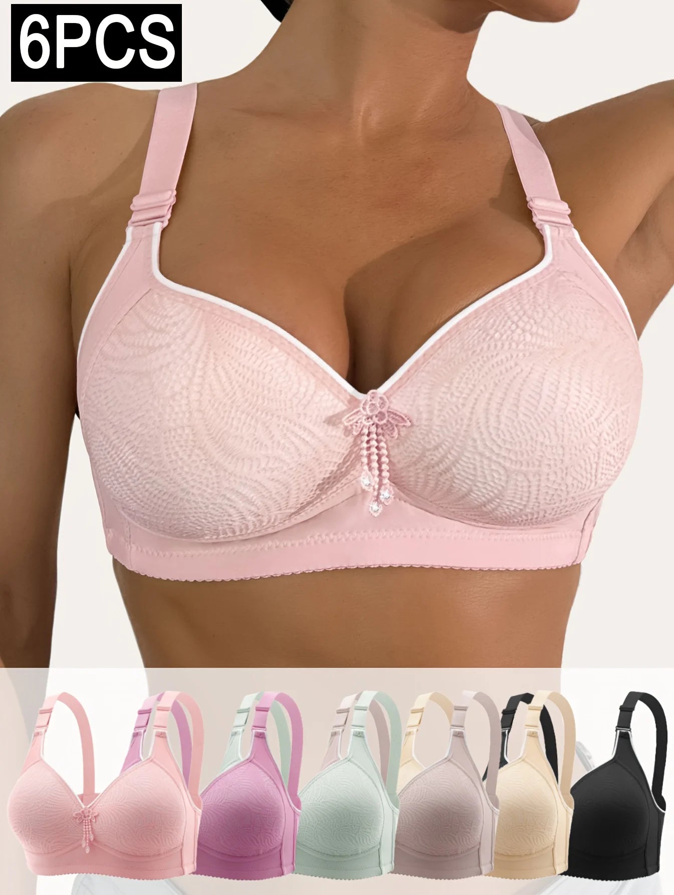 6pcs Seamless Tassel Decor Wireless Bra, Comfortable Push-Up Bra, - Adjustable Strap,