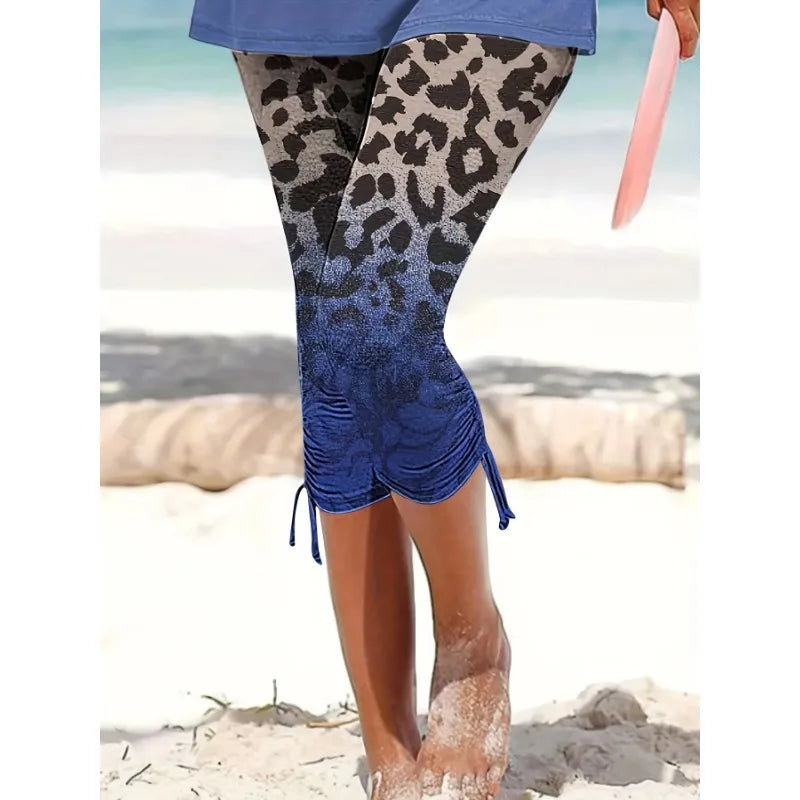 Plus Size 1XL-5XL Women's Casual Loungewear Bottoms Ombre Leopard Print Lace Up Home Wear Capri Pant