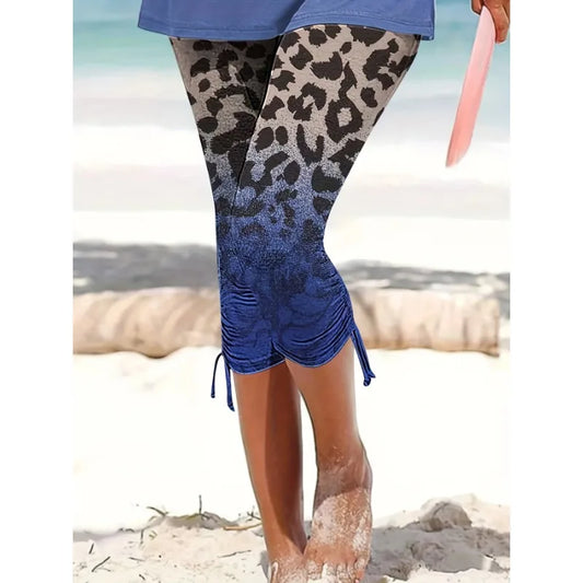 Plus Size 1XL-5XL Women's Casual Loungewear Bottoms Ombre Leopard Print Lace Up Home Wear Capri Pant
