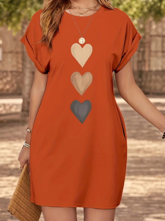 Women'S Casual Knit TShirt Dress with Heart  Print Crew Neck Short Sleeve Fashionable Top Black with Colorful Flag Design