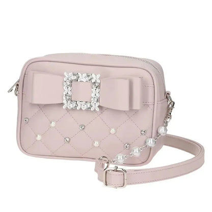 Sweet Knot Pearl Oulder Crossbody Bag Diamond Id Pattern Small Square Bag Faionable for Young Women Pearl Shoulder Rhinestones