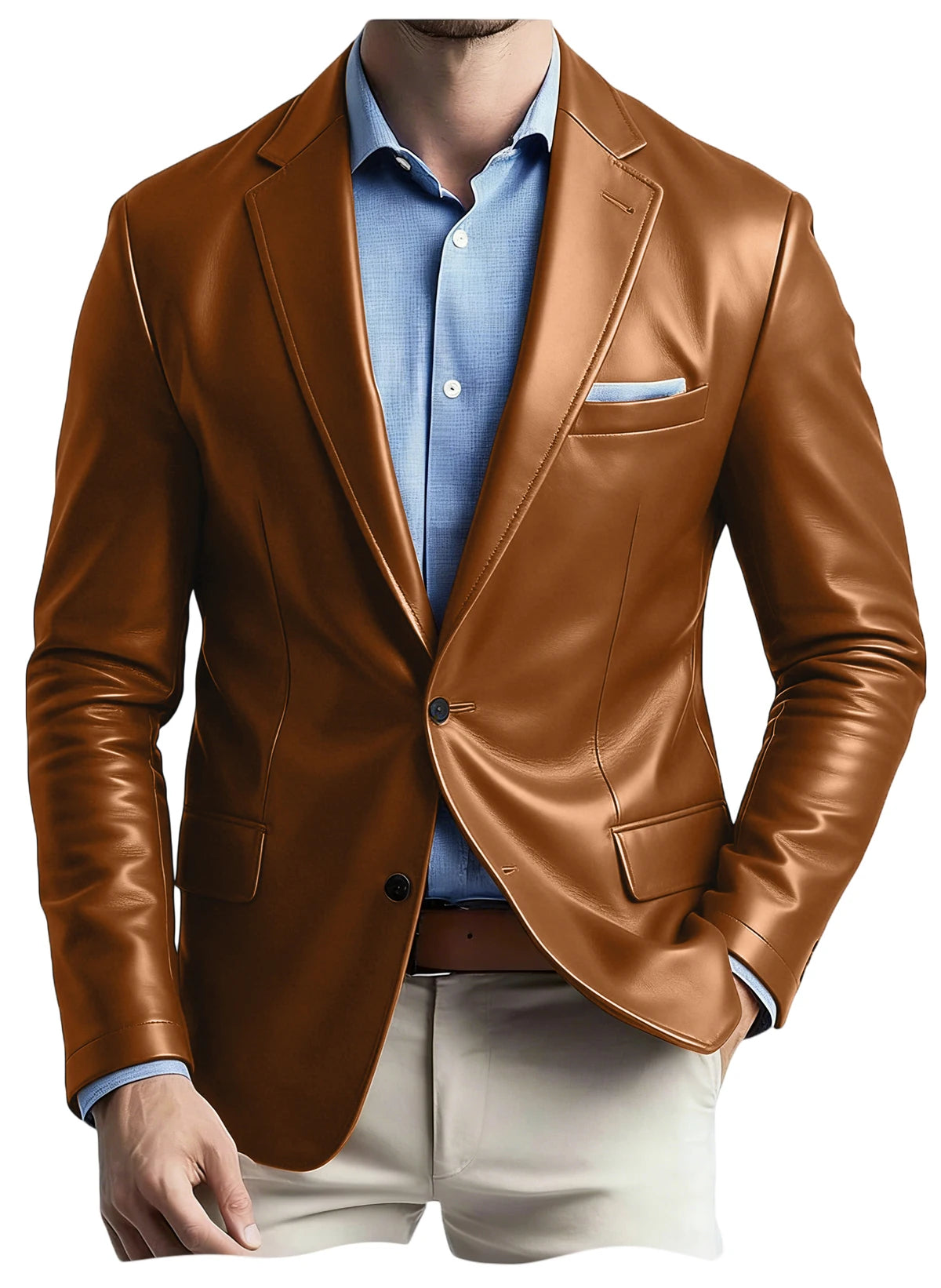 Men's Faux Leather Blazer Notch Lapel Flap Pockets Slim Fit Suit Jacket Coats For Casual Business Wedding Party