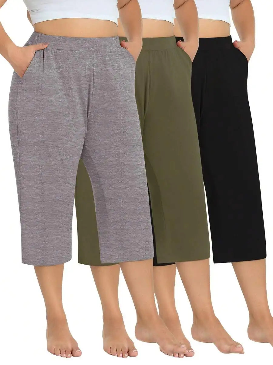 3 Pack Women's Plus Size Capri Sweatpants - Loose Cropped Yoga Lounge Pajama Pants With Pockets For Summer Light Gray + Dark