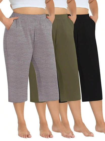 3 Pack Women's Plus Size Capri Sweatpants - Loose Cropped Yoga Lounge Pajama Pants With Pockets For Summer Light Gray + Dark