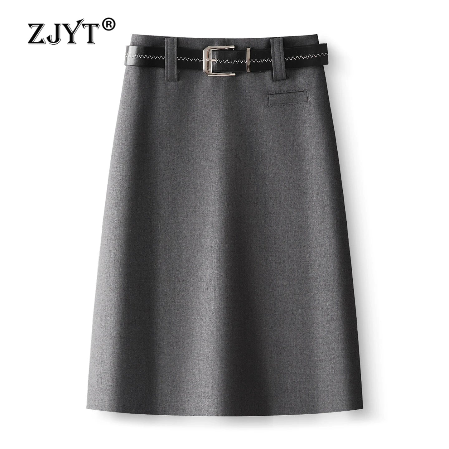 ZJYT Elegant Ladies Summer Skirts for Women 2026 New Fashion High Waist Belted Office Work Knee Length Skirt Female Faldas Grey