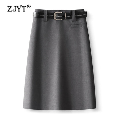 ZJYT Elegant Ladies Summer Skirts for Women 2026 New Fashion High Waist Belted Office Work Knee Length Skirt Female Faldas Grey