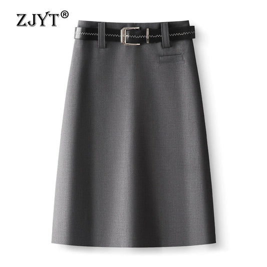 ZJYT Elegant Ladies Summer Skirts for Women 2026 New Fashion High Waist Belted Office Work Knee Length Skirt Female Faldas Grey