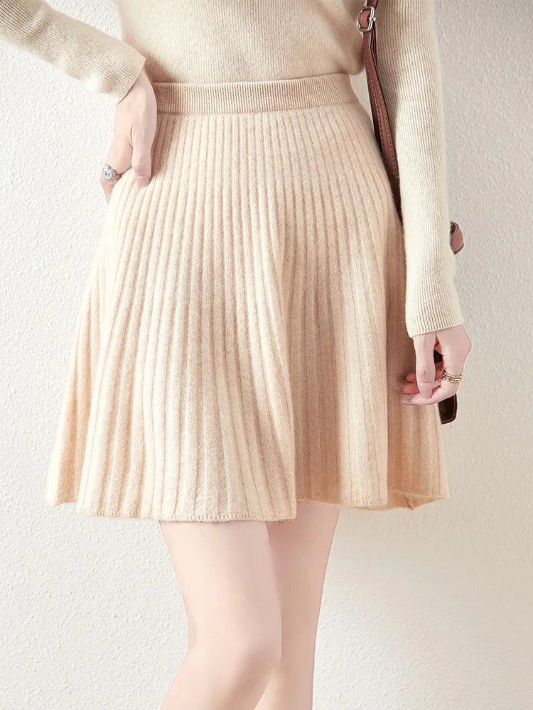 Women's Wave Short Skirt 100% Merino Wool Mini Skirts Autumn Winter Sweater Umbrella Skirt High Waist Stretch Sweet Knit Dresses