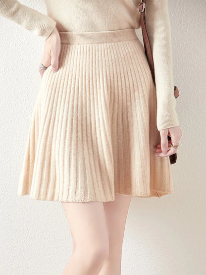 Women's Wave Short Skirt 100% Merino Wool Mini Skirts Autumn Winter Sweater Umbrella Skirt High Waist Stretch Sweet Knit Dresses