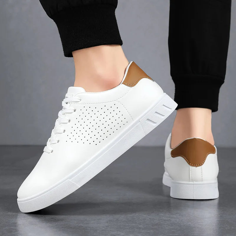 Men's Classic White Sneakers Casual Leather Lace-Up Shoes Breathable Perforated Lightweight Walking Shoes for Male