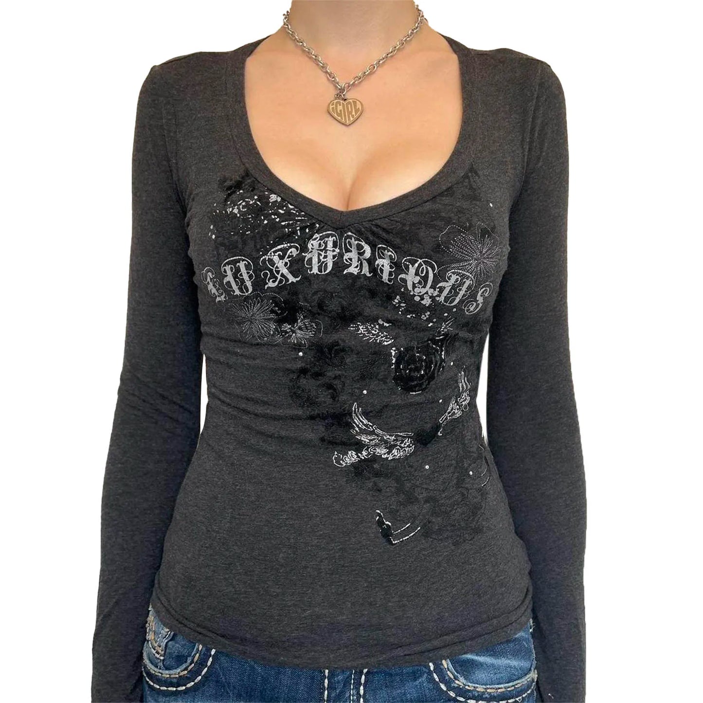 Women Autumn Fairy Grunge T-shirts Tops Y2K Long Sleeve Vintage Graphic Shirts E-Girls Aesthetic Tees Gothic Clothes Streetwear