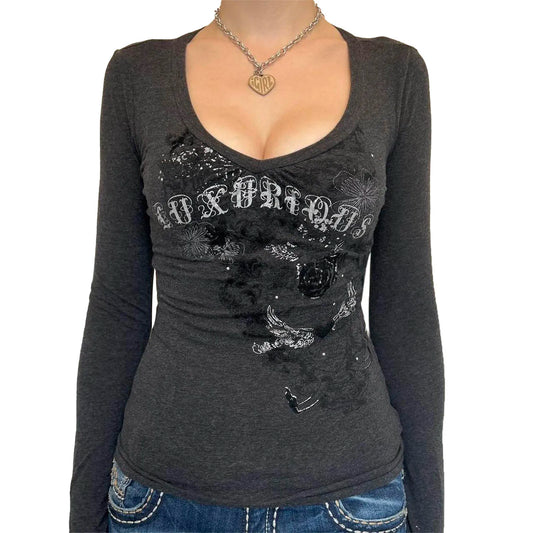 Women Autumn Fairy Grunge T-shirts Tops Y2K Long Sleeve Vintage Graphic Shirts E-Girls Aesthetic Tees Gothic Clothes Streetwear
