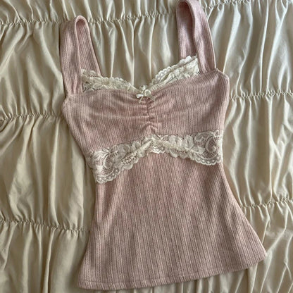 00s Retro Y2k Cottage Crop Top Coquette Clothes 90s Vintage Cutest Lace Trim Camis Women Aesthetic Grunge Slim Fit Milkmaid Vest