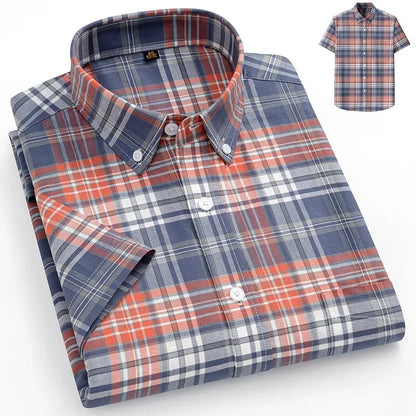 New in Shirt Plus Size 14XL Fashion Summer 100%Cotton Oxford Plaid Short Sleeve Shirt for Man Designer Office Elegant Clothes
