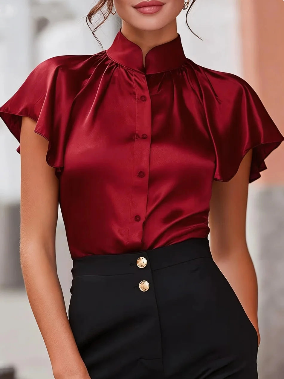Women's Short Sleeve Satin Blouse Stand Collar Ruffle Shoulder Button Down Shirt Elegant Office Wear Top