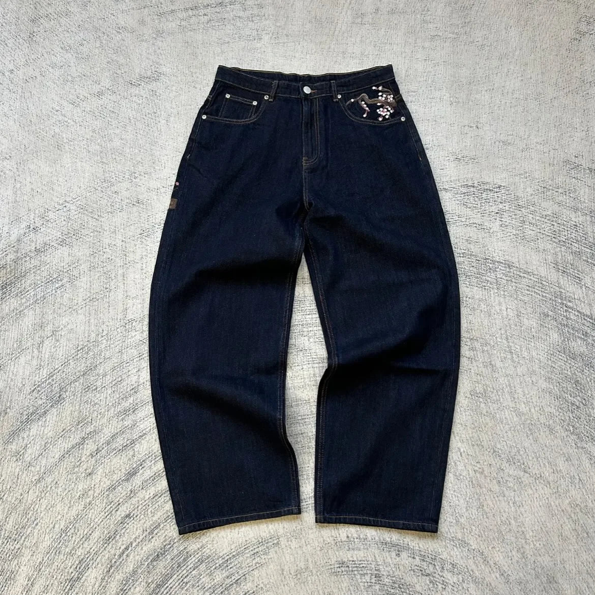 Y2K Vintage Low Waist Hip Hop Cherry Blossom Embroidered Jeans Wide Leg Trousers Clothes Men's Embroidered Baggy Jeans