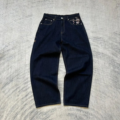 Y2K Vintage Low Waist Hip Hop Cherry Blossom Embroidered Jeans Wide Leg Trousers Clothes Men's Embroidered Baggy Jeans
