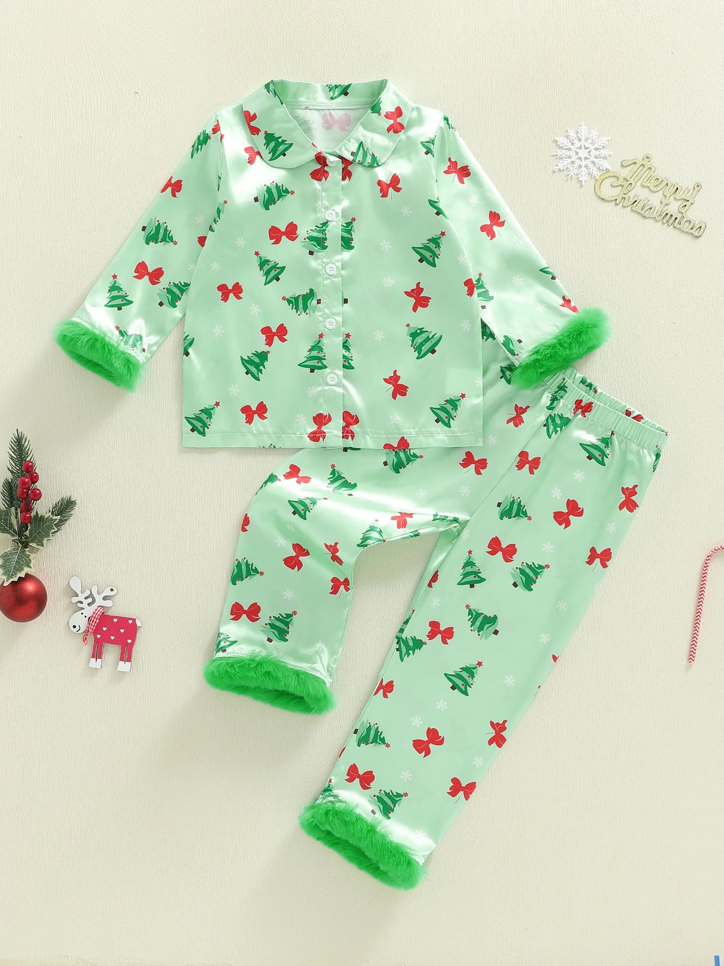 Boys 2Pcs Christmas Pajamas Long Sleeve Reindeer Print Shirt Pants Set Kids Sleepwear Loungewear Holiday Outfit