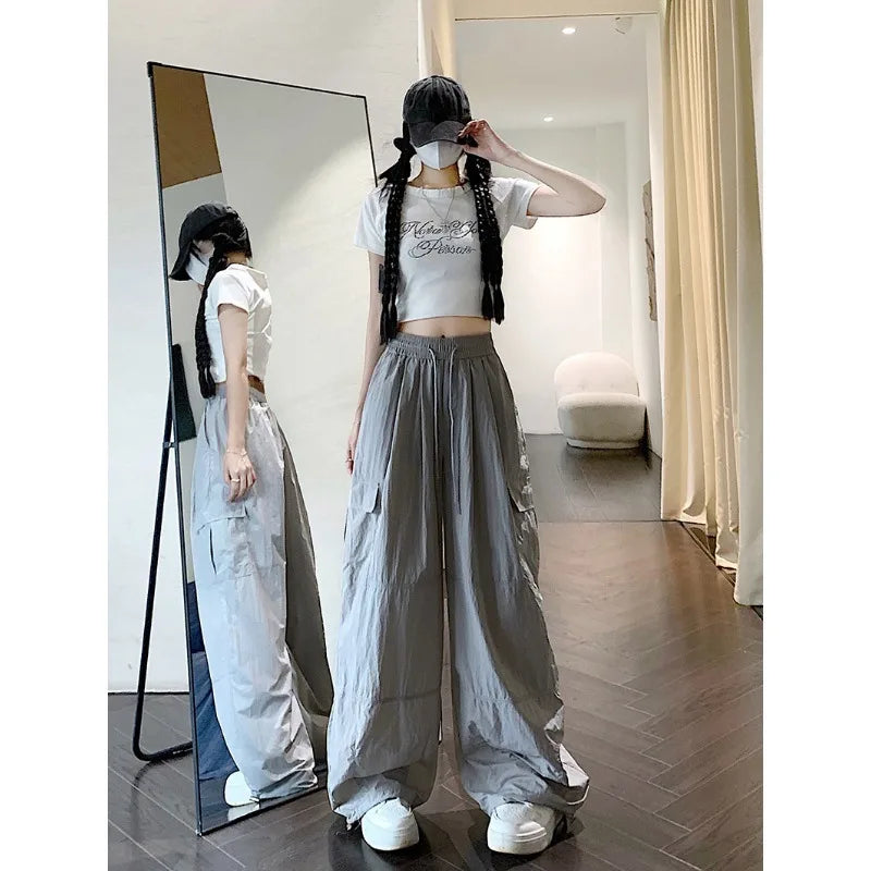 High Waist American Street Style Plus Size Women's Pants Solid Drawstring Cargo Pants Women Oversized Thin Summer New Trousers