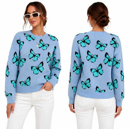 3D Flocking Butterfly Print Knit Sweater for Women Round Neck Drop Shoulder Long Sleeve Loose Pullover Casual Jumper Fall Winter Fashion Streetwear Tops