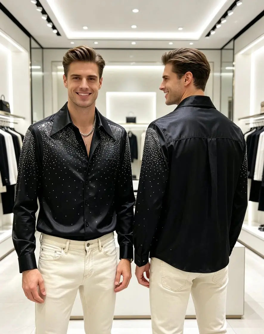 2026 Spring Autumn Luxury Men Streetwear Shirt Shiny Rhinestone Design Loose Natural Silk Casual Long Sleeve Shirt