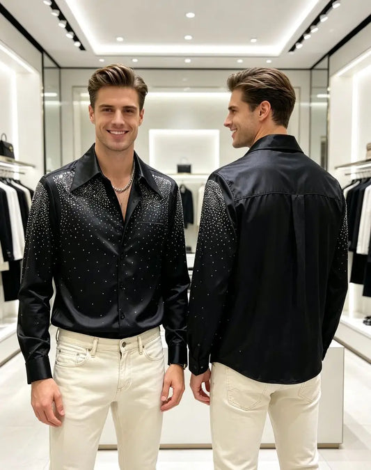 2026 Spring Autumn Luxury Men Streetwear Shirt Shiny Rhinestone Design Loose Natural Silk Casual Long Sleeve Shirt
