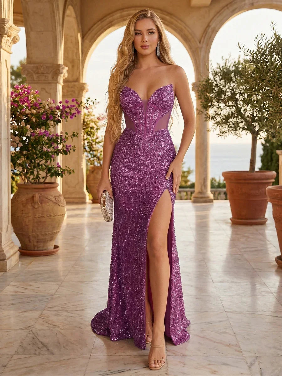 Luxury Sequin Evening Dress Strapless Mermaid Long Gown High Slit Backless Lace-up Party Prom Dress Evening Prom Dress Sequins