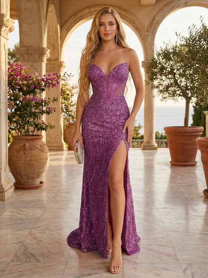 Luxury Sequin Evening Dress Strapless Mermaid Long Gown High Slit Backless Lace-up Party Prom Dress Evening Prom Dress Sequins