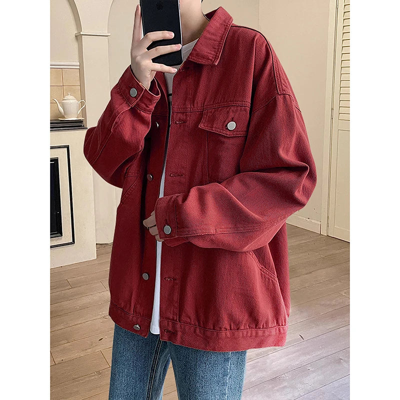 2026 New Steetwear Red Mens Jean Jackets Turn Down Collar Multi-pockets Denim Coats Overalls Loose Casual Men Clothing Outwear