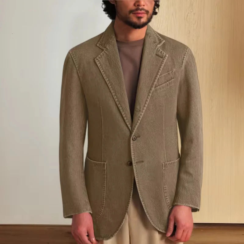 Men's Stretch Denim Blazer Classic Fit Notch Lapel 2 Button Suit Jacket Soft Breathable Business Casual Sport Coat with Pockets