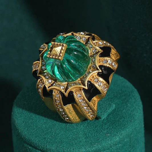 Vintage Rings For Woman Pumpkin Green Resin Black Gold Color Rhinestone Luxury Jewelry High-End Accessories Thanksgiving 2026