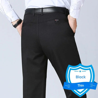 Men's Office Business 100% Cotton Pants Summer Thin & Autumn Thick High Waist Straight Loose Solid Bland Suit Slacks GOZBKF
