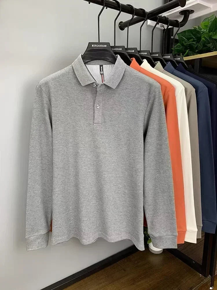 High-end cotton Polo shirt for men, new style for spring and autumn, long-sleeved, pure color, thickened