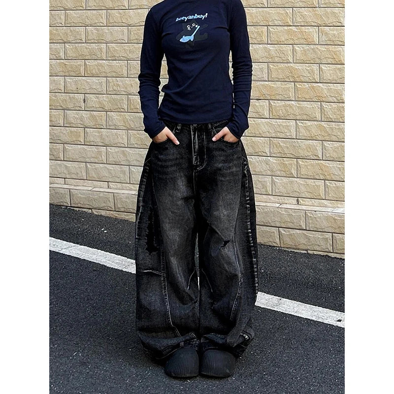 ZHIZOU Women Tomboy Dark Academia Baggy Low Rise Mom Jean Japanese Y2K Harajuku Denim Wide Leg Pants 2000s Cyber Punk Grunge