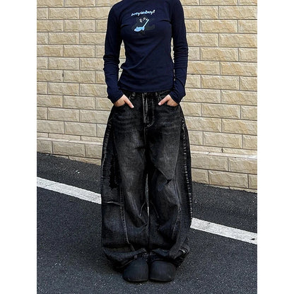 ZHIZOU Women Tomboy Dark Academia Baggy Low Rise Mom Jean Japanese Y2K Harajuku Denim Wide Leg Pants 2000s Cyber Punk Grunge