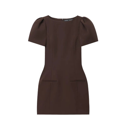 Chic Elegant Women Short Sleeve Mini Dress Slim Fit High Waist Solid Midi Dresses Simple Bodycon Commuter Summer Dress ﻿