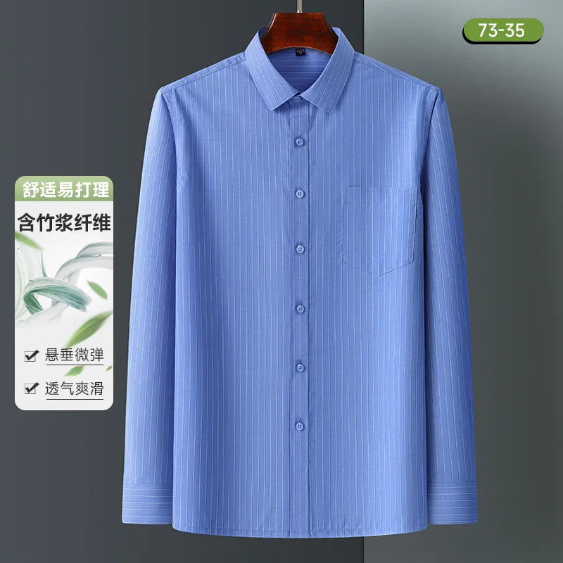 Bamboo Fiber Mens Business Shirt Long Sleeve Casual Plaid Print Stripe Fashion Anti-Wrinkle Button Up Social Oversized S-7XL 5XL