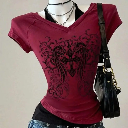 Y2K Grunge Style Summer Women's Gothic Punk V-neck Strap up T-shirt with Skull and Wings Print
