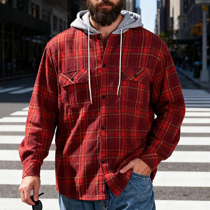Men's Plaid Flannel Shirt Jacket Detachable Hooded Button-Down Shacket for Casual Wear