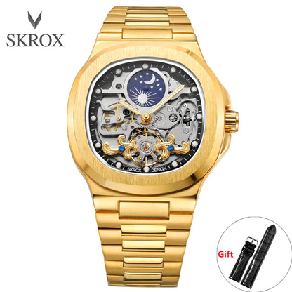 2026 High-end Luxury SKROX Square Man Watch Sapphire Stainless Steel Skeleton Moon Phase Classic Automatic Movement Male Watches